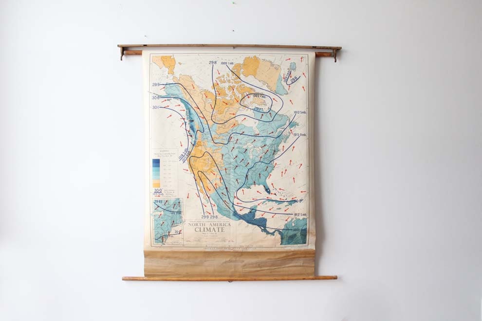 Unique 1950s Pull Down North America Climate Map with Wall Mount