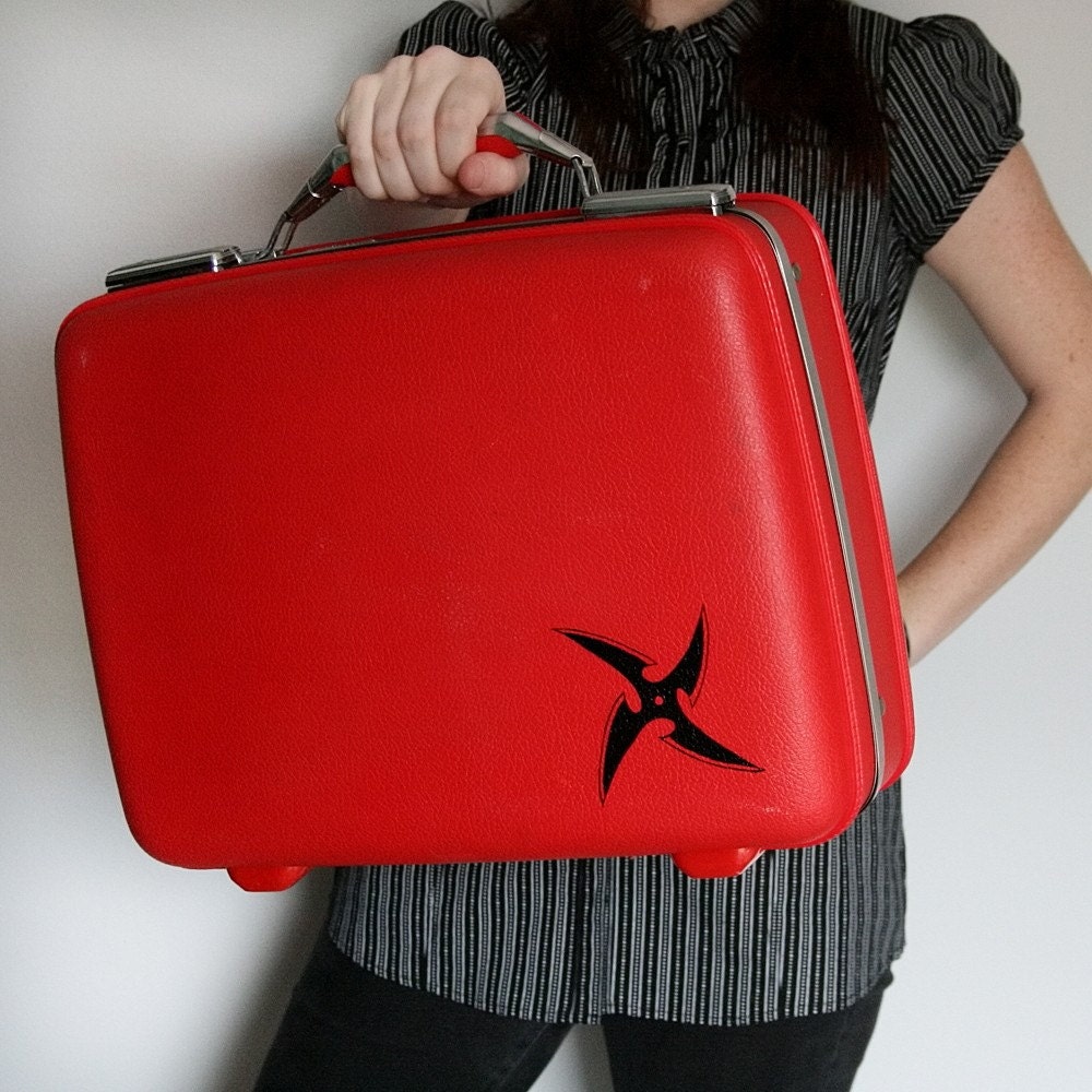 UPCYCLED Cherry Red VINTAGE Train or Suitcase with Black Chinese Throwing Star Luggage