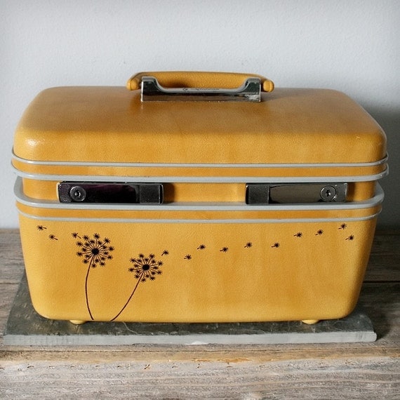 UPCYCLED Daffodil Yellow VINTAGE Train Case with Dandelions and Seedlings LUGGAGE