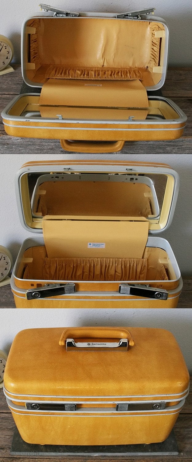 UPCYCLED Daffodil Yellow VINTAGE Train Case with Dandelions and Seedlings LUGGAGE
