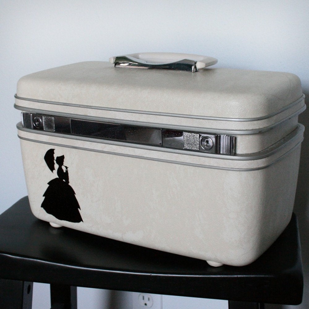 UPCYCLED Off White VINTAGE Train Case with SILHOUETTE of a Lady with a Parasol from NESTAHOME