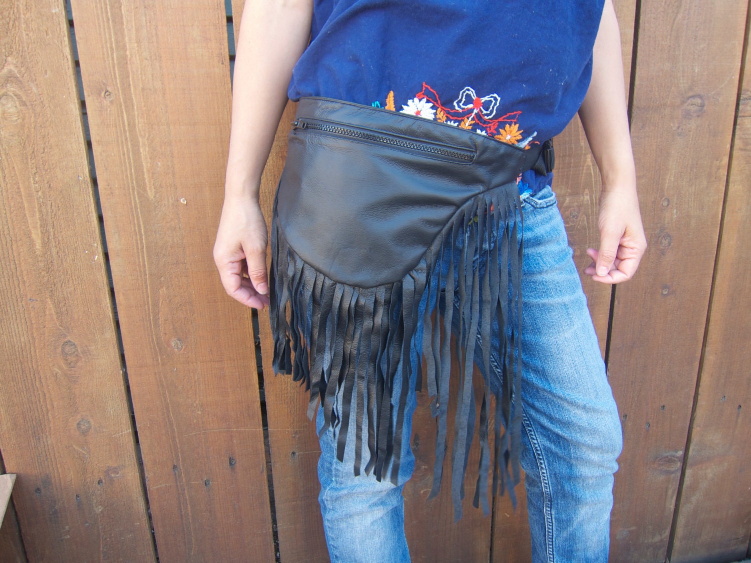 Black Leather Fringe Hip Bag