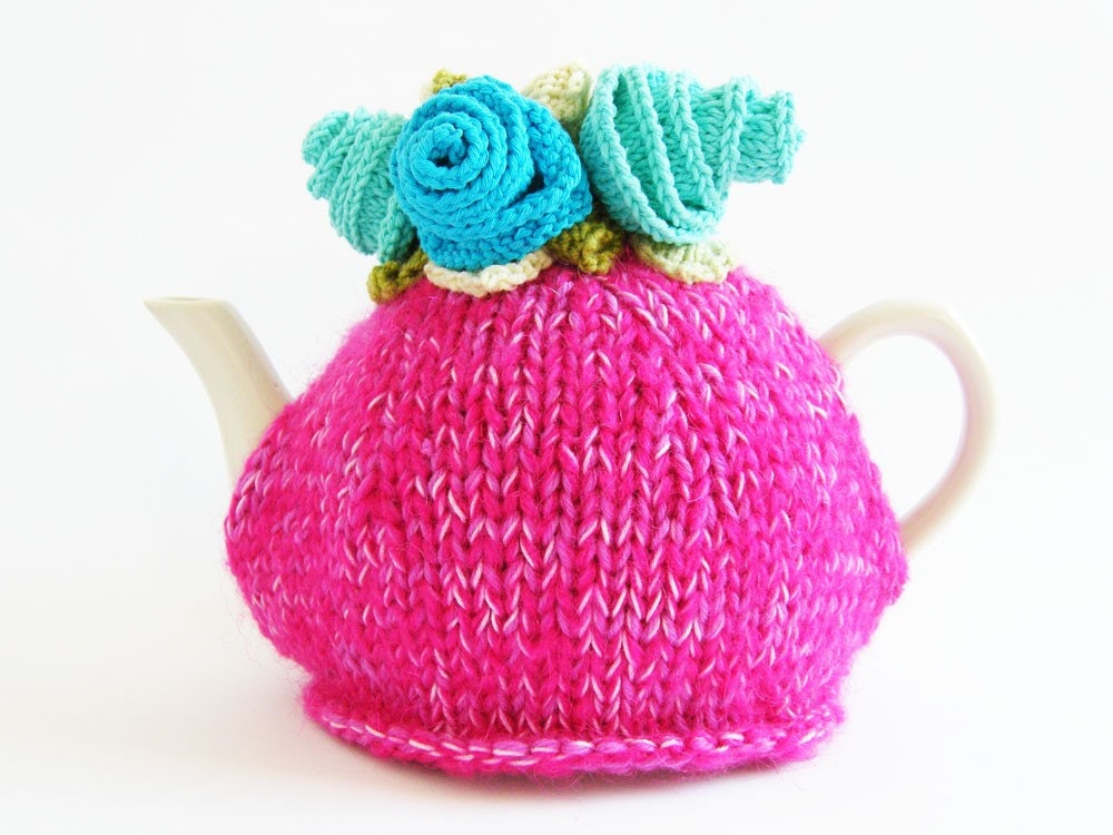 Knitted Tea Cosy... Hot Pink with Bright Turquoise Knitted Flowers