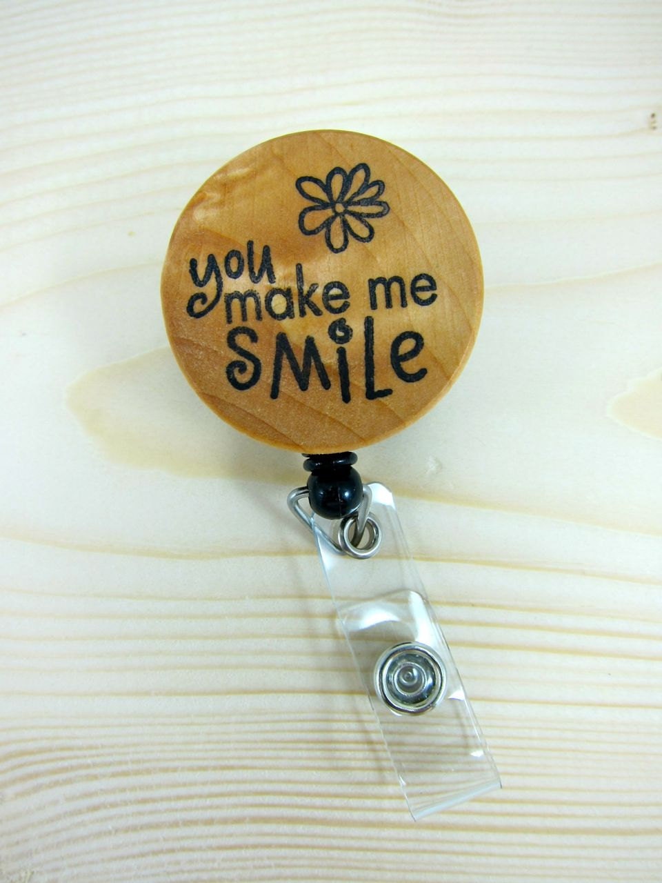 Badge Reel Badge Holder Retractable ID Badge Holder - Natural Wood - Smile
