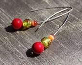 Beaded silver earrings - red, orange and yellow - READY TO SHIP