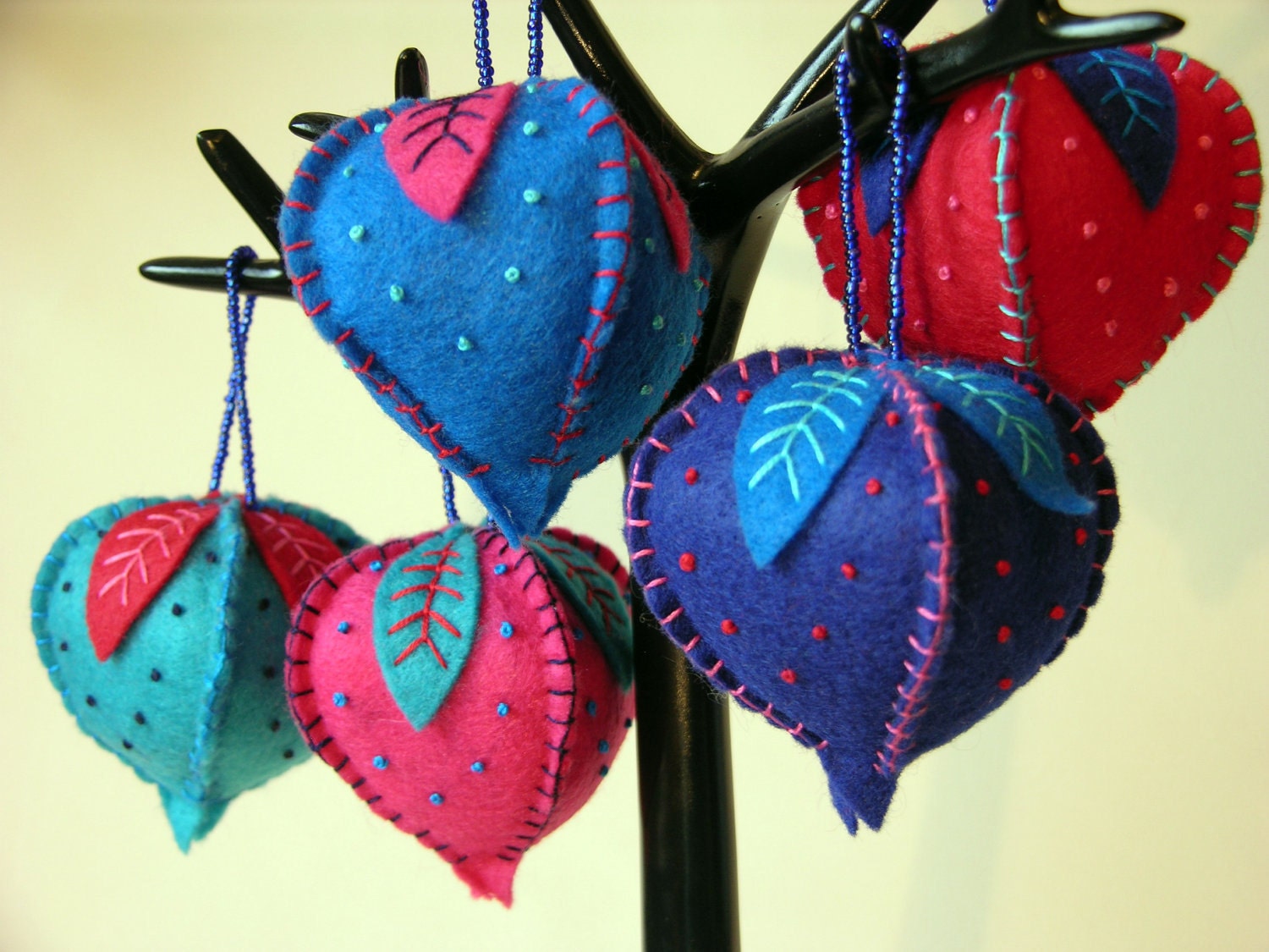 Eco-Friendly Felt Hanging Ornaments - Set of 5 - CORAL REEF in Red, Turquoise and Pink - Made From Recycled And Second-Hand Materials
