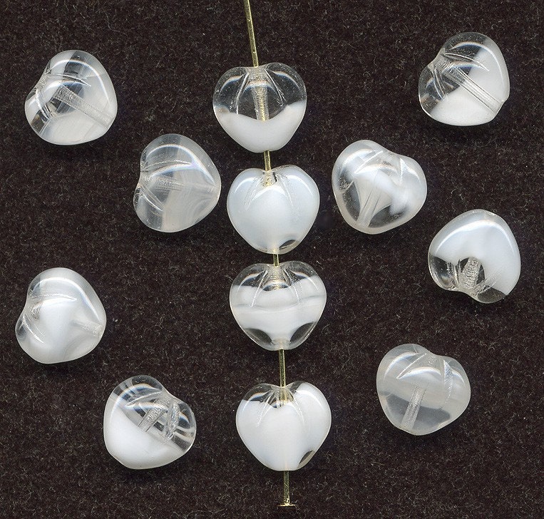 Vintage White Givre Beads 10mm Puffed Heart Shaped Glass
