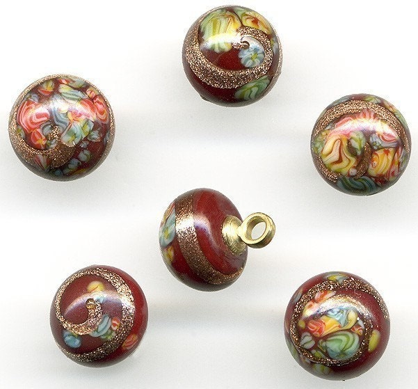 Vintage Millefiori Beads / Buttons 8mm Dk Red Glass - Aventurine Swirls - Japan