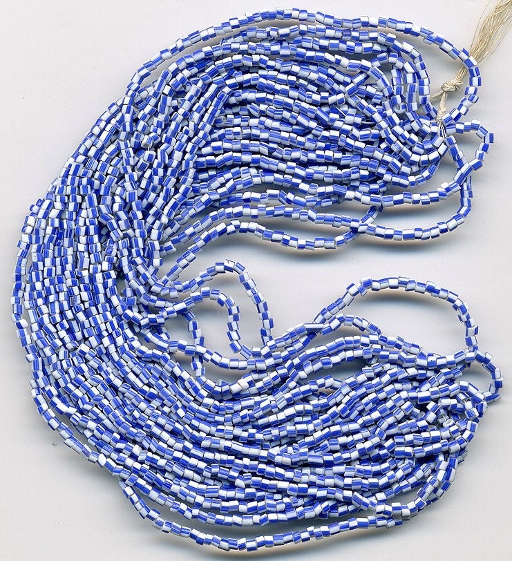Vintage Striped Seed Beads White & Blue Made Italy 156 in.