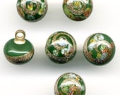Vintage Millefiori Beads / Buttons Green 8mm Glass - Aventurine Swirls - Japan