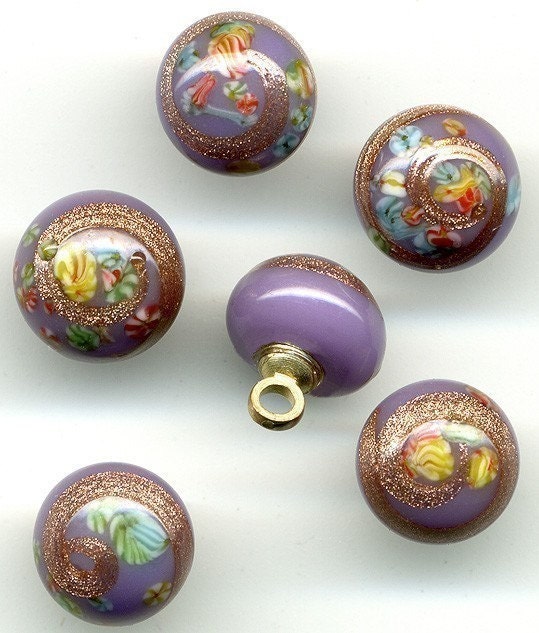 Vintage Millefiori Beads / Buttons 8mm Purple Glass - Aventurine Swirls - Japan