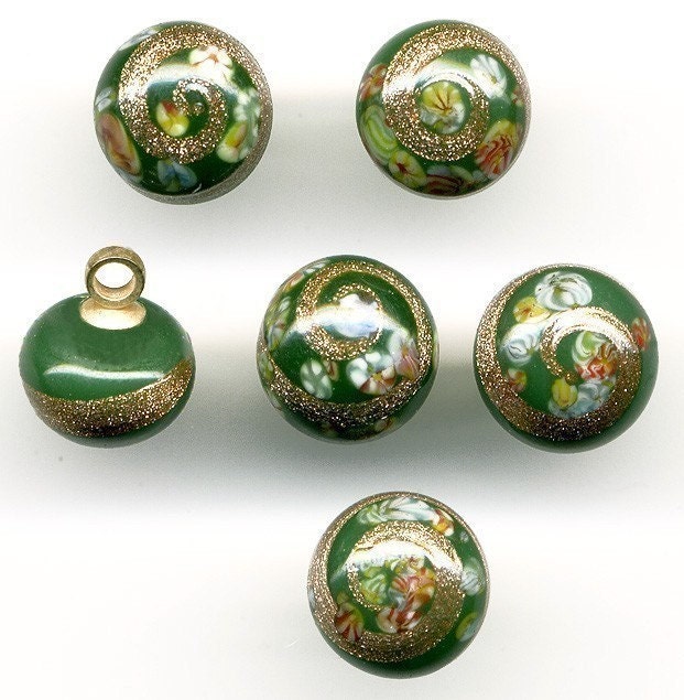 Vintage Millefiori Beads / Buttons Green 8mm Glass - Aventurine Swirls - Japan