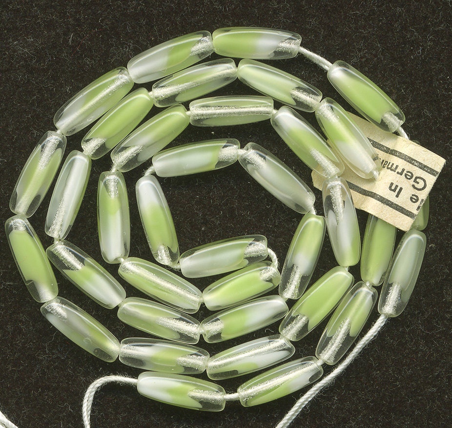 Vintage Green Beads 11mm Givre Glass Elongated Shape 36 Pcs
