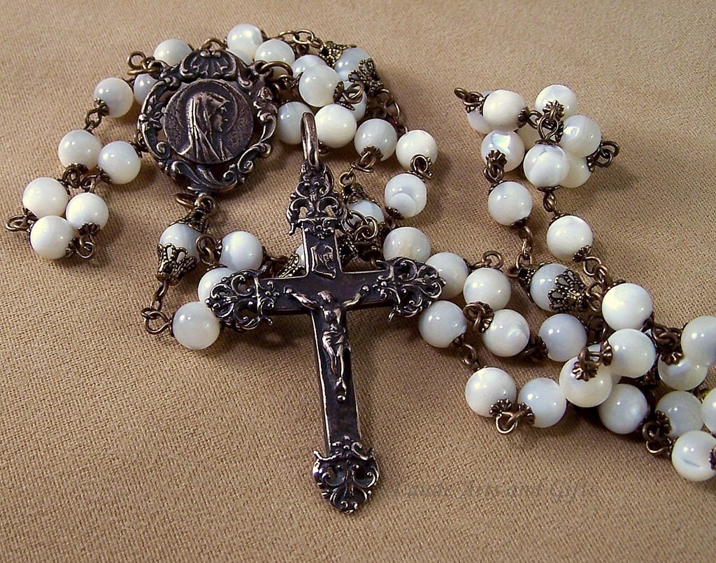 Rosary Mother of Sorrows Dolorosa White MOP Bronze Necklace Handcrafted