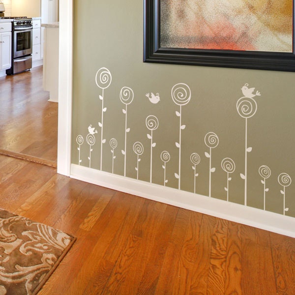 Swirling Poppies Set of FIFTEEN - with a little Bird - Wall Decals - Your Choice of Color