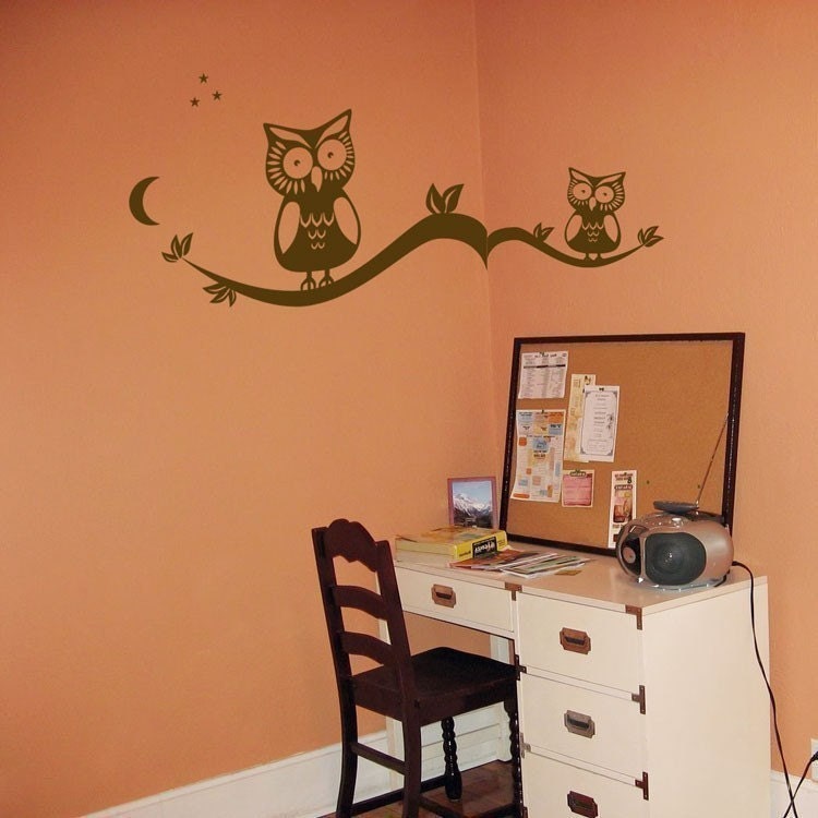 Two Cute Owls Sitting on Tree Branches with Leaves and Stars - Wall Decals - Your Choice of Color