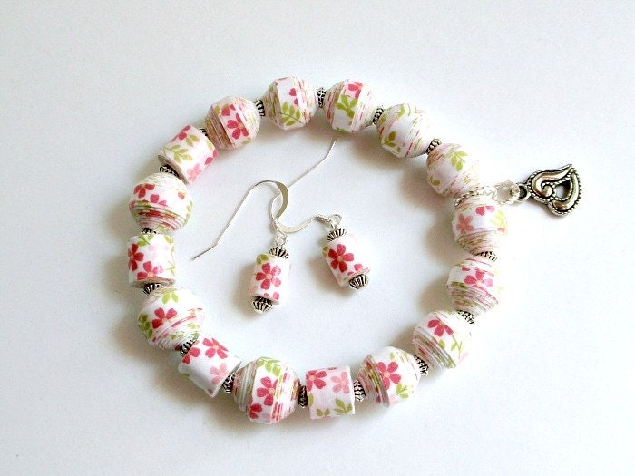 REDUCED - Pink Spring Flower PAPER BEAD Bracelet and Dangle Earrings Set - custom sizing, shipping included