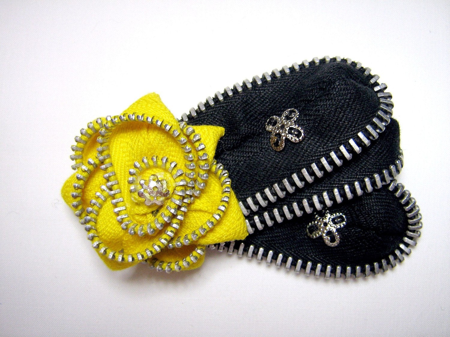 Brooch Repurposed Vintage Zippers Yellow and Black