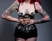 Zip Up Skeleton Hands Boned Waist Cincher Size 8 with Matching Furry Lace & Zip Up Spats and Nipple Pasties