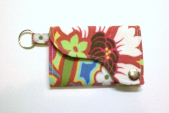 Tri-fold Credit Card / Business Card Holder/ Wallet/ Keyfob made w/ Designer fabric Disco Flower in Hot Pink