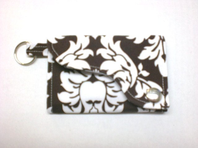 Tri-fold Credit Card / Business Card Holder/ Keyfob  made w/ Designer fabric Dandy Damask in Brown