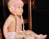 Crochet Baby Hats, Baby Girl Hats, Photography Prop, 6 to 12 Months - Pink, Peach, Cream Daisy Baby Earflap Beanie, Photographer Prop