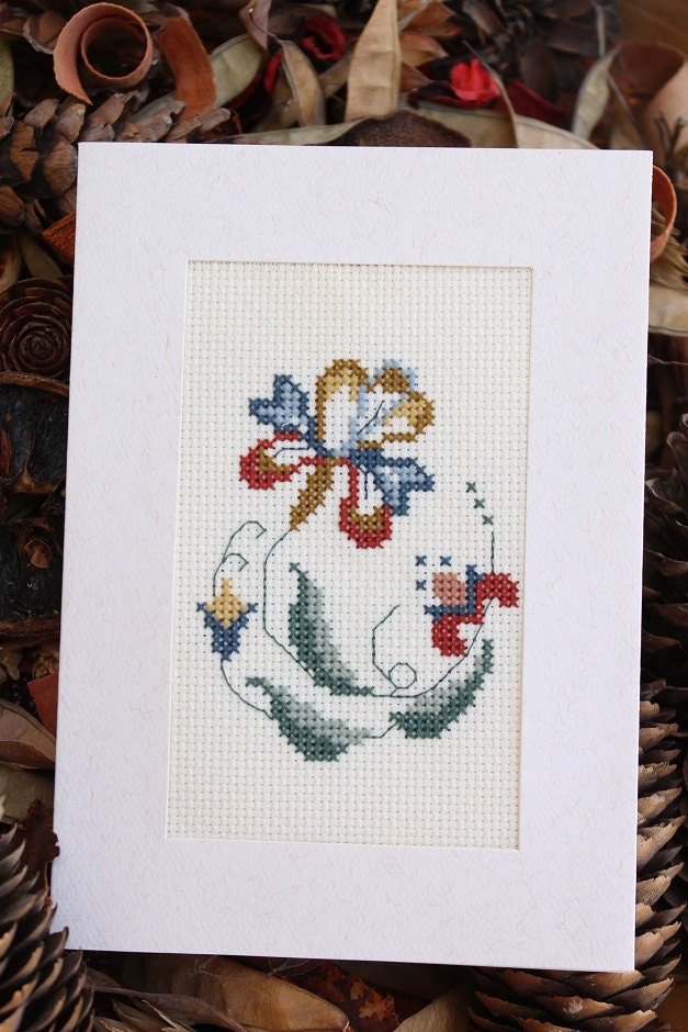 Completed Cross Stitch Jacobean Iris Flower Card
