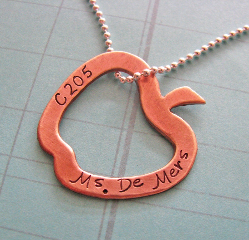 apple for the teacher hand stamped copper necklace