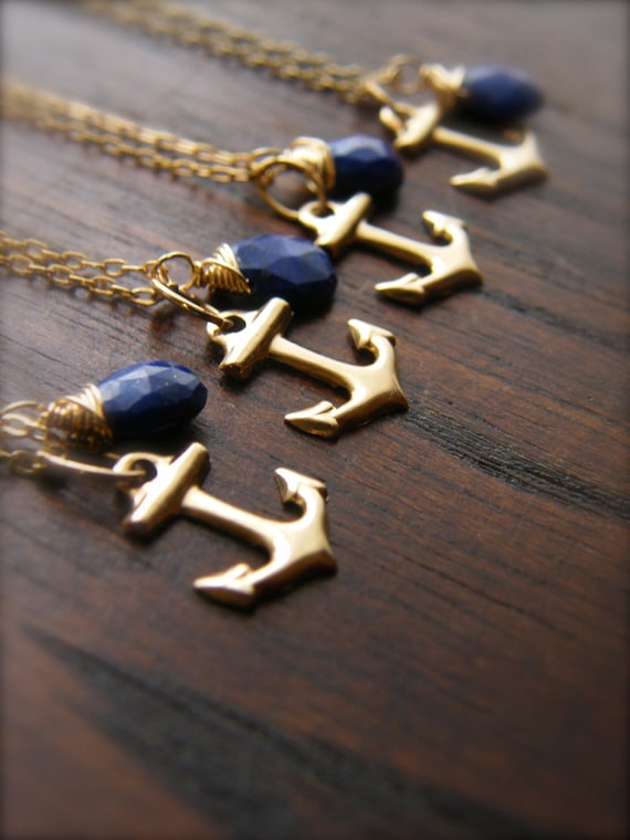 GOLD FILLED Bridesmaids Gift Set of four Gold Anchor Pendant Necklaces - Blue Lapis Lazuli with 14k gold fill Anchor Charm