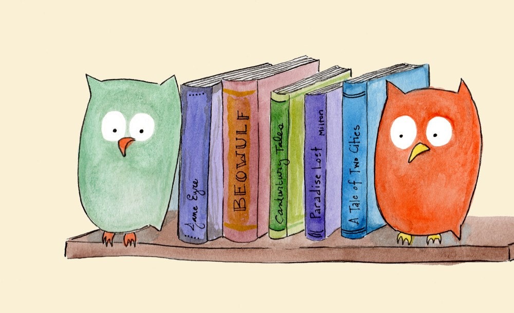 Bookends - Owl Library Book Art Print