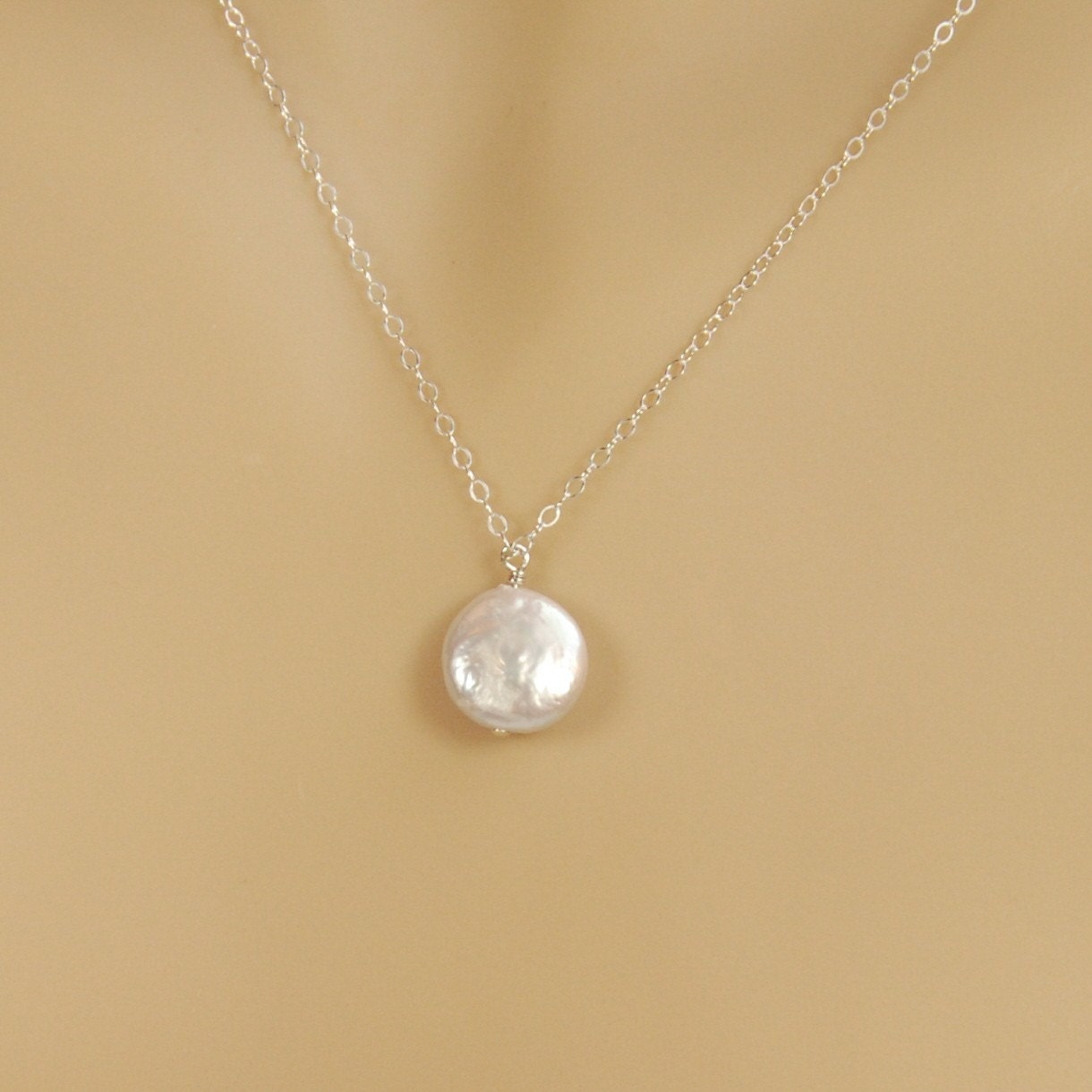 Bridal Necklace - Single Coin Pearl Drop Necklace for Weddings, Bridesmaids, Brides in Sterling Silver