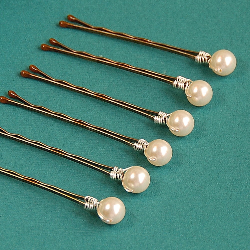 Pearl Bobby Pins, Ivory Pearl Hair Pins, 8 mm Swarovski Crystal Pearls on Bronze Bobby Pins - Set of 6 - herecomesthebride