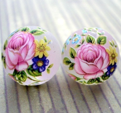 12mm Frosted Round Lucite Tensha Beads with Pink Cabbage Roses (2 pcs)