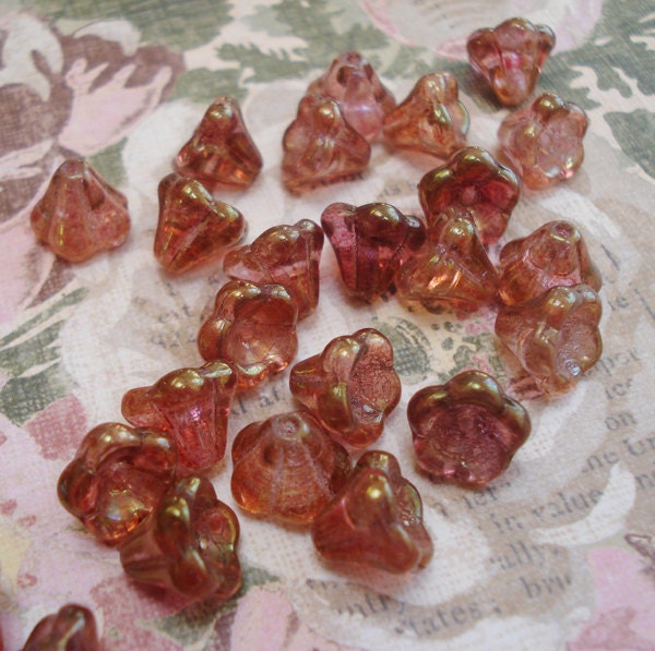Czech 8x10mm Rose Pink Glass Bell Flower Beads with Copper Luster (25 pieces)