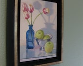 Flower painting framed original - "Tulips and Green Apples" - art by Sarah Sedwick 5x7in