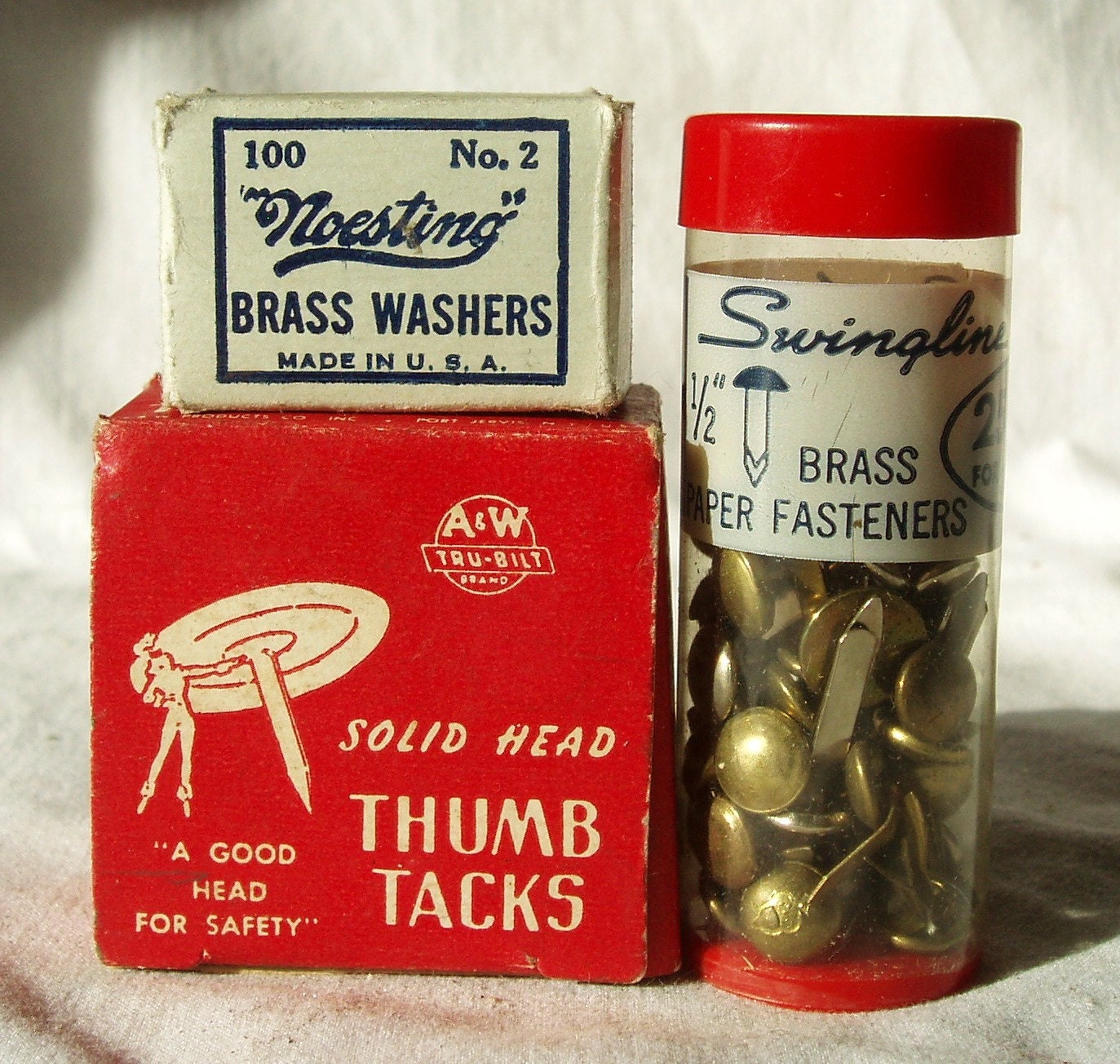 Vintage Office Supplies Thumb Tacks Brass Paper by echoart