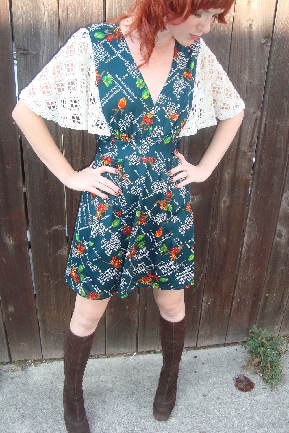Boho Flora Green Dress Crochet Sleeves