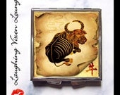 Zodiac Compact Mirror - Chinese Zodiac Ox - Pill Box - Astrology Horoscope - Year Of The Ox - Birthday Birth Sign - Pill Case