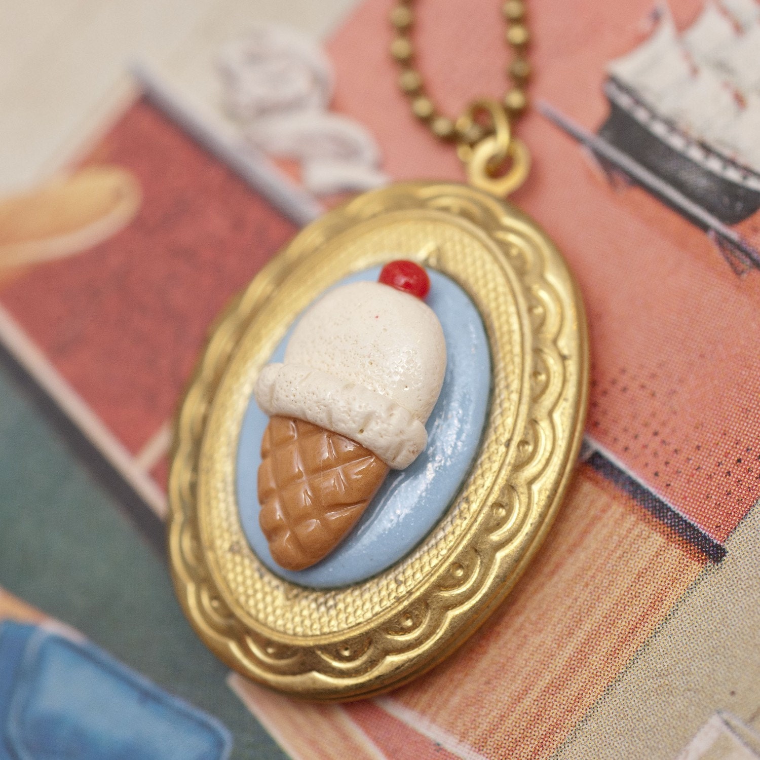 Locket Necklace - Vanilla Ice Cream with Cherry on Blue Cameo Handmade by Roscata