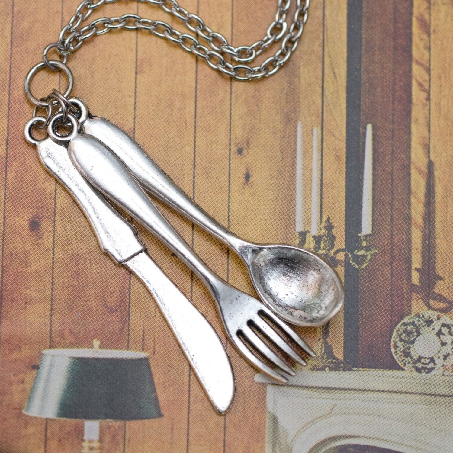 Necklace - Tibetan Silver Miniature Cutlery Set Necklace for Lovers of Tiny Things