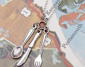 Necklace - Teeny Tiny Spoon Fork and Knife Cutlery in Tibetan Silver for Lovers of Tiny Things
