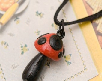 Necklace - Red and Black Poison Mushroom Handmade by Roscata