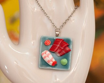 Necklace - Tuna Sweet Shrimp Sushi Nigiri on Blue Plate Handmade by Roscata