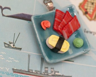 Necklace - Tuna Egg Sushi Nigiri on Blue Plate Handmade by Roscata