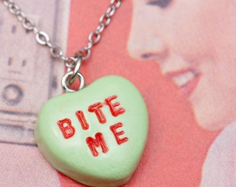 Necklace - Mature Sweetheart Candy Anti Valentines Day Pistachio Mint Green BITE ME Handmade by Roscata