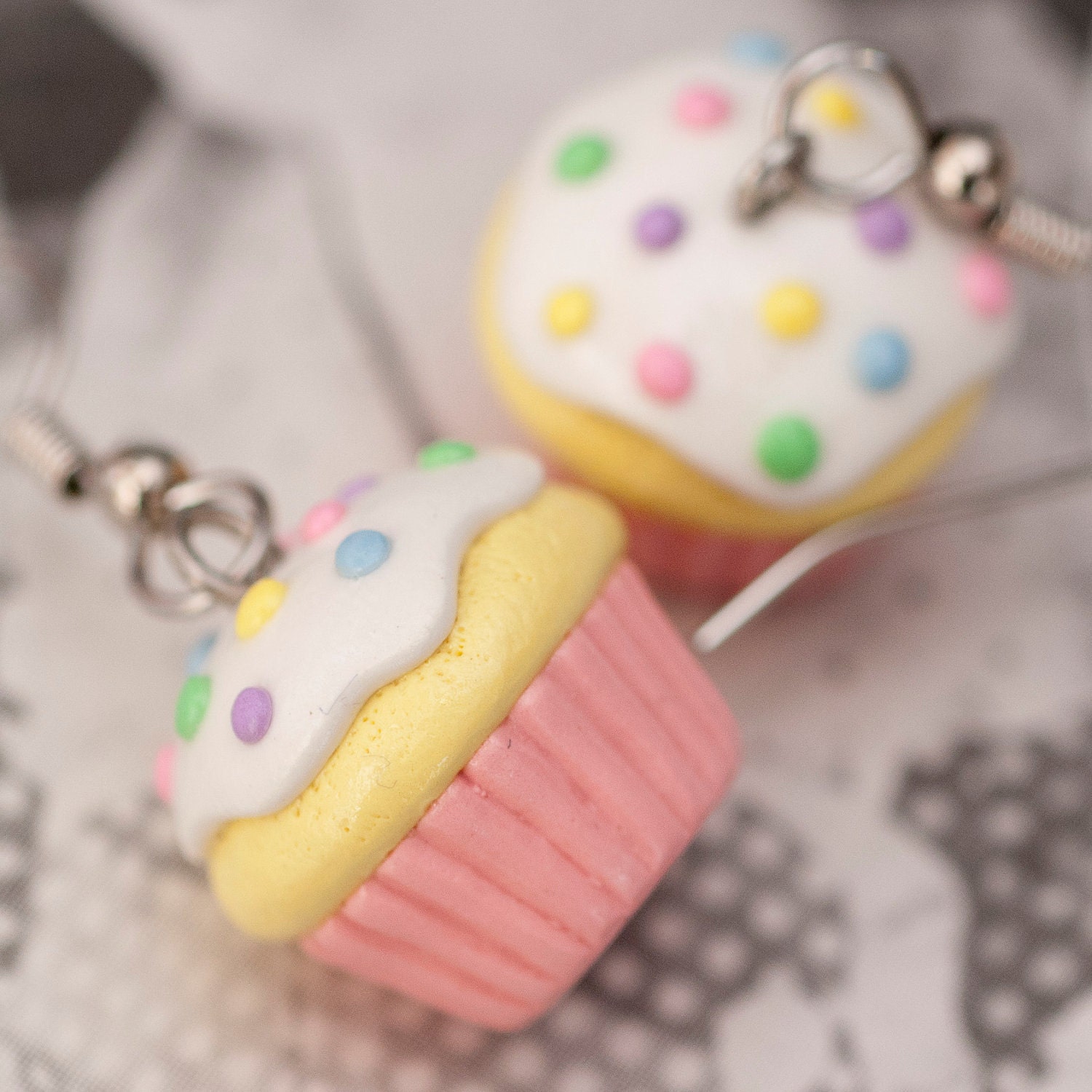 Earrings - Yellow Cake Pink Cupcakes with Vanilla Frosting and Sprinkles Handmade by Roscata