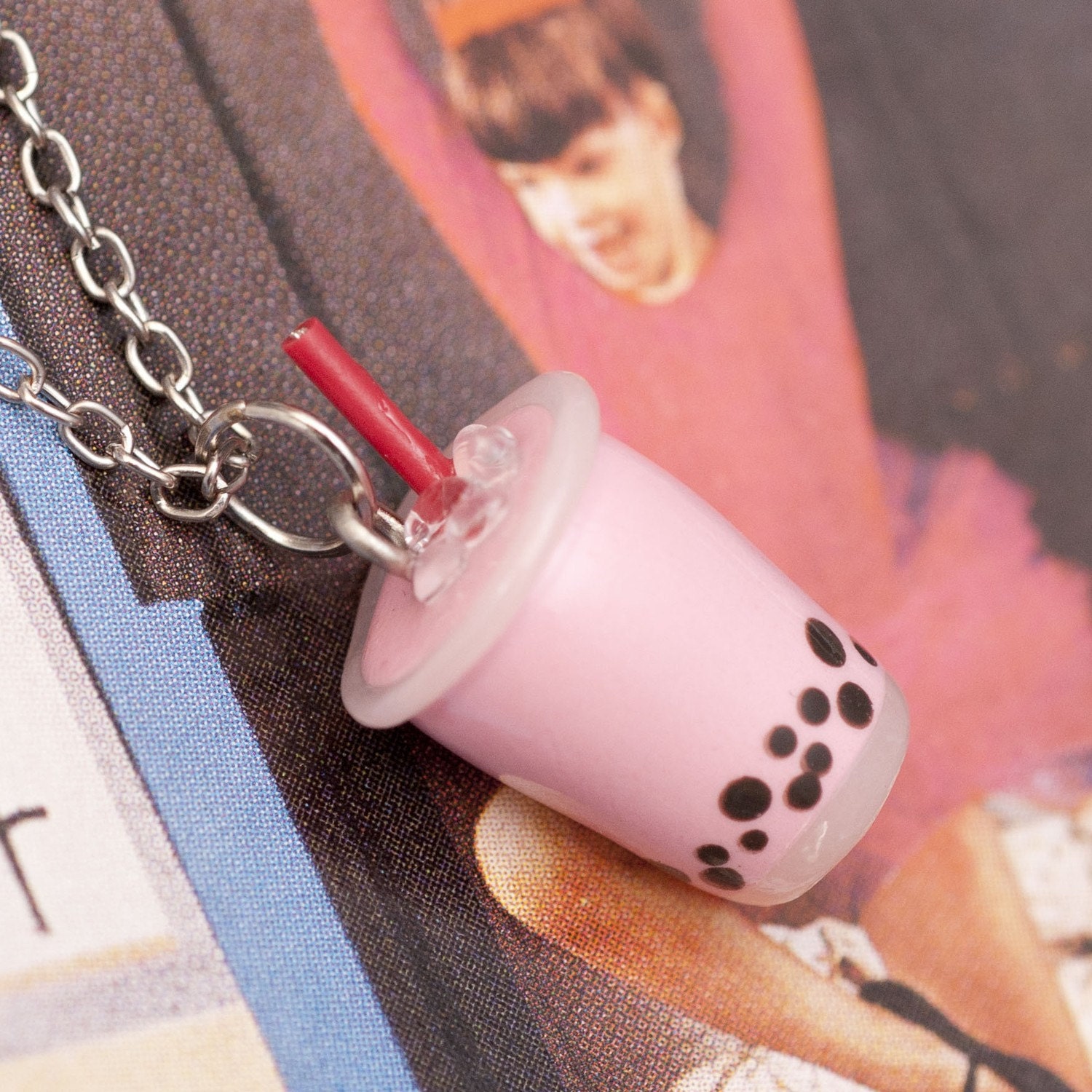 Necklace - Strawberry Milk Tea Boba Smoothie Handmade by Roscata