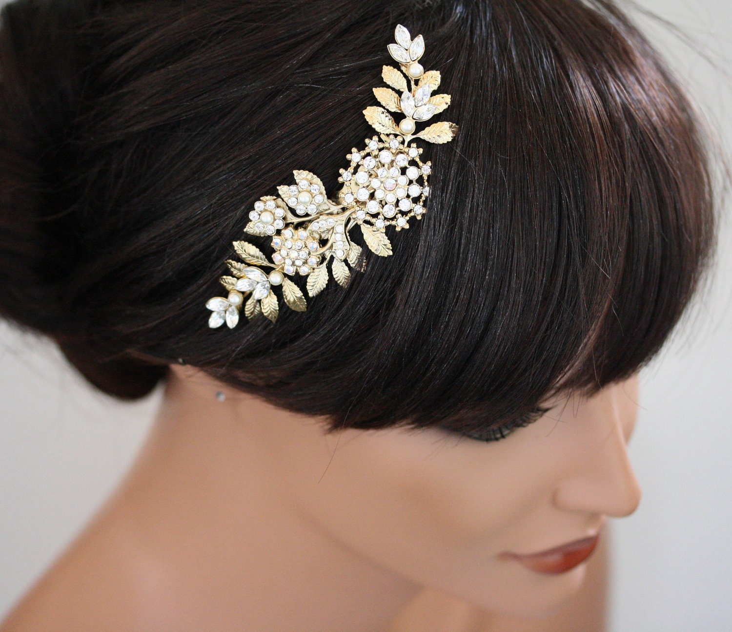 Gold Wedding Hair Piece, Bridal hair Comb Vintage leaves, Wedding Hair Accessories, Swarovski Rhinestone and Ivory Pearl IVY