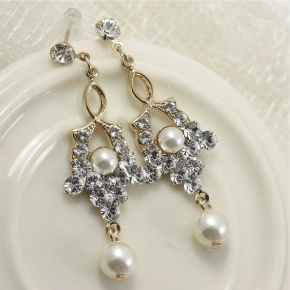 Gold Wedding Earrings , Swarovski Ivory Pearl Dangle Earrings , Gold Wedding Jewelry, Small Rhinestone Earrings, SEPTEMBER