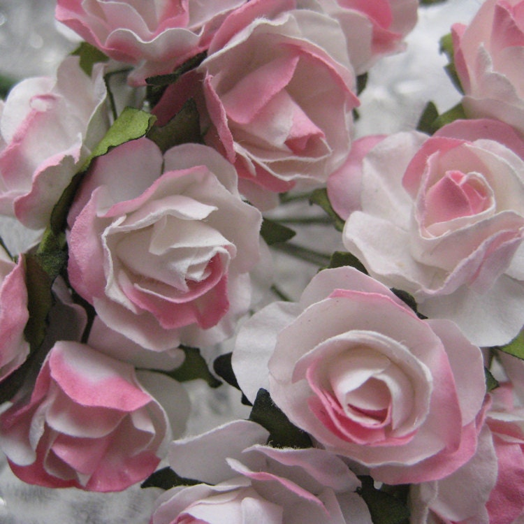 20 Small Open Handmade Paper Millinery Roses In Pink Mix